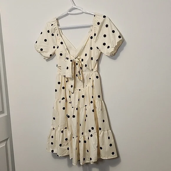 NWTs Morrisday the label polka dot cream tiered puff sleeve cutout S dress - Picture 3 of 8